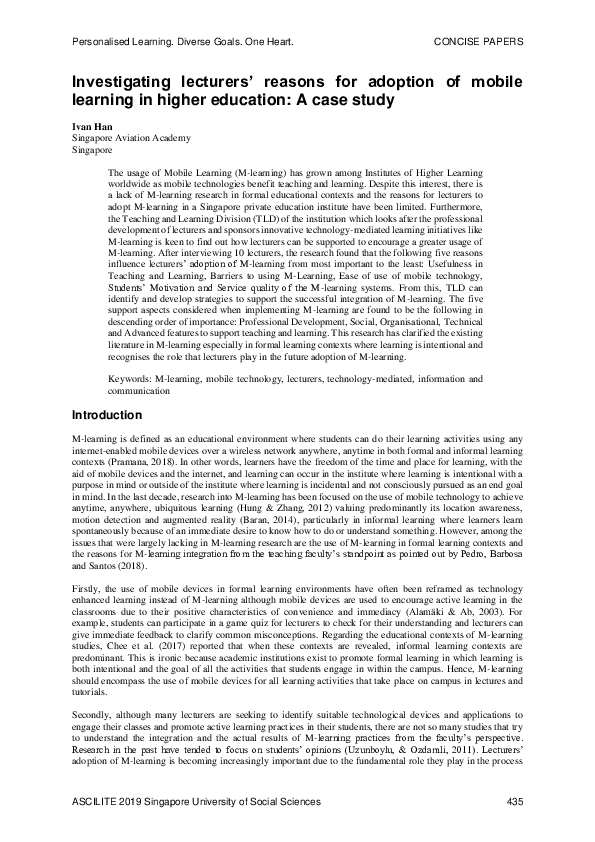 (PDF) Investigating lecturers’ reasons for adoption of mobile learning ...