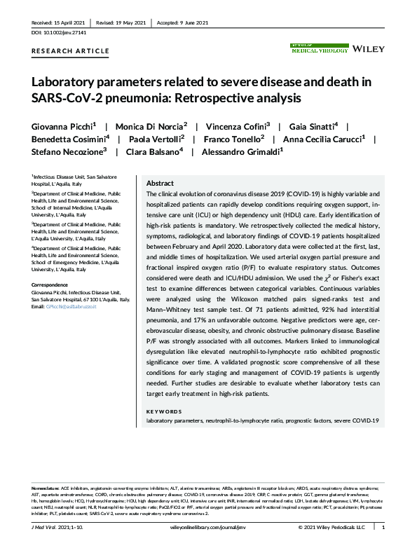 (PDF) Laboratory parameters related to severe disease and death in SARS ...