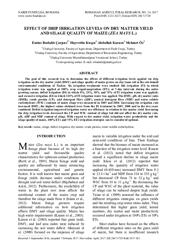 (PDF) Effect of Drip Irrigation Levels on Dry Matter Yield and Silage ...