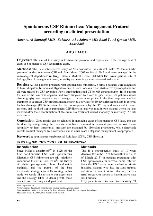 (PDF) Spontaneous CSF Rhinorrhea : Management Protocol According to ...