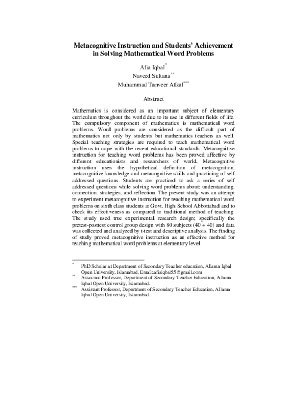 (PDF) Metacognitive Instruction and Students’ Achievement in Solving ...