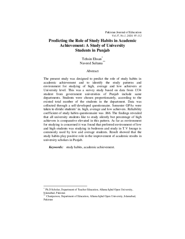 (PDF) Predicting the Role of Study habits in Academic achievement: A ...