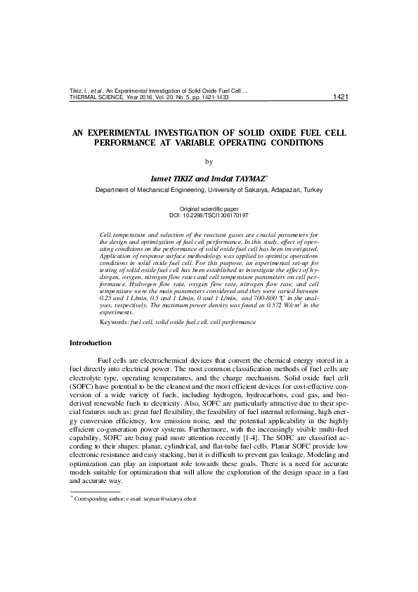 (PDF) An Experimental Investigation of Solid Oxide Fuel Cell ...