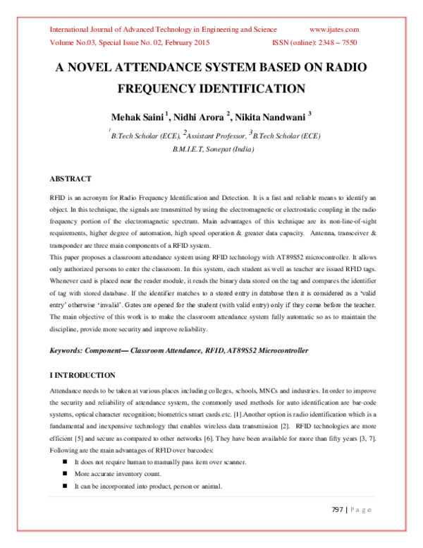 (PDF) A Novel Attendance System Based on Radio Frequency Identification