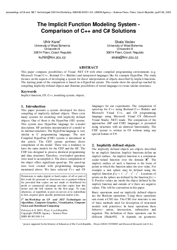 (PDF) The Implicit Function Modelling System-Comparison of C++ and C# ...
