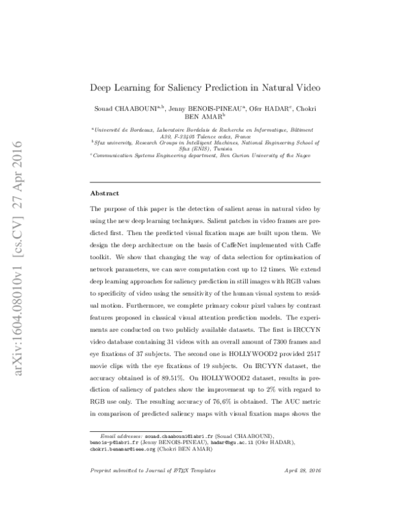 (PDF) Deep Learning for Saliency Prediction in Natural Video