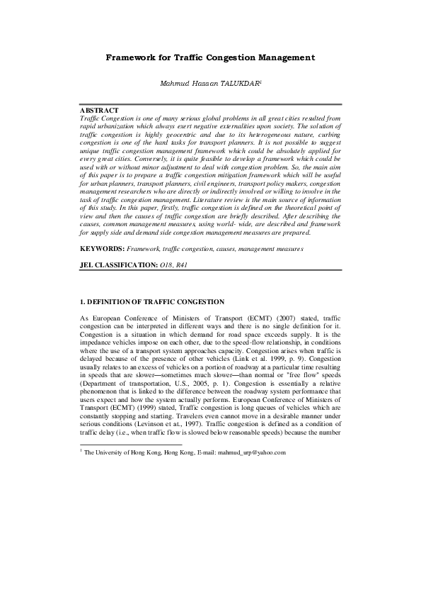 (PDF) Framework for Traffic Congestion Management