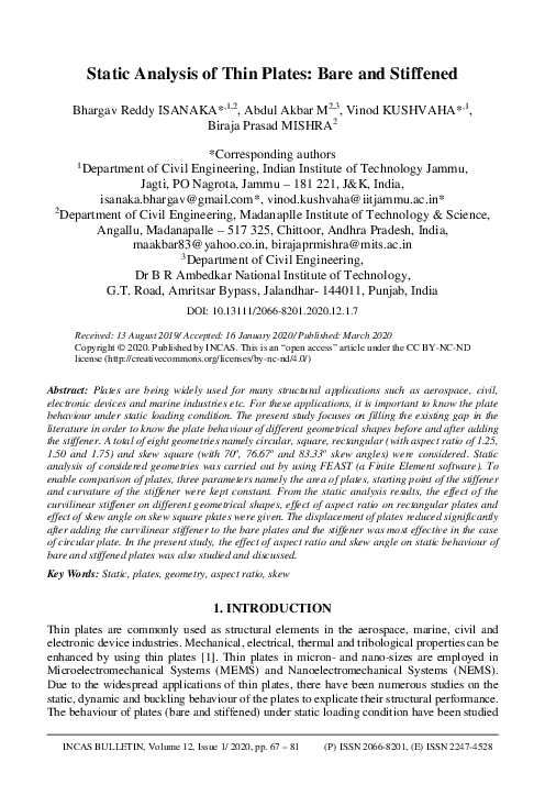 (PDF) Static Analysis of Thin Plates: Bare and Stiffened