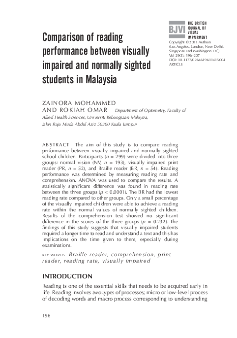 (PDF) Comparison of reading performance between visually impaired and ...