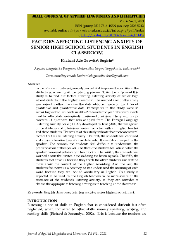 (PDF) Factors Affecting Listening Anxiety of Senior High School ...