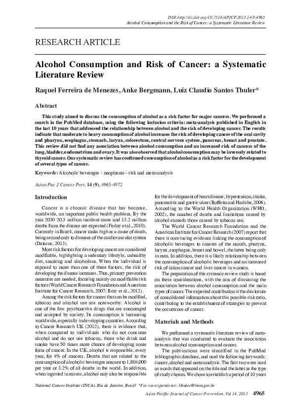 (PDF) Alcohol consumption and risk of cancer: a systematic literature ...