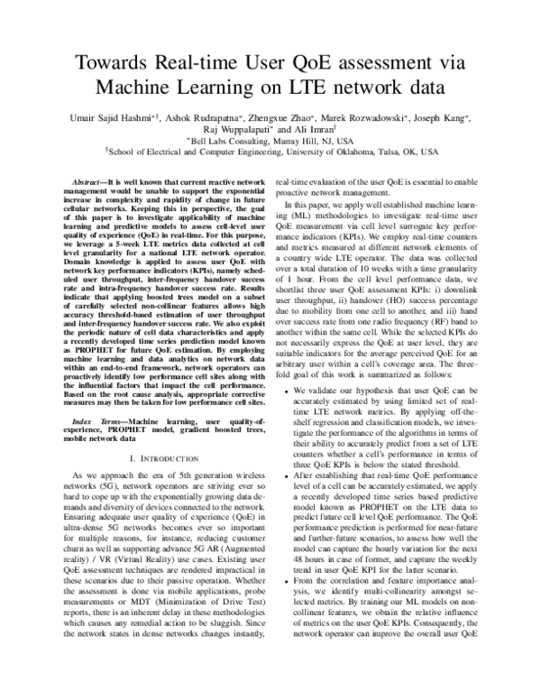 (PDF) Towards Real-Time User QoE Assessment via Machine Learning on LTE ...