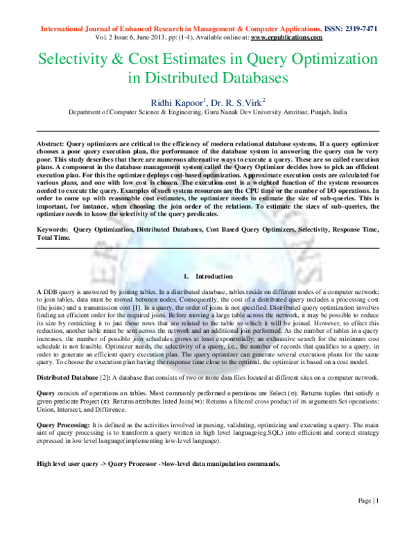 (PDF) Selectivity & Cost Estimates in Query Optimization in Distributed ...