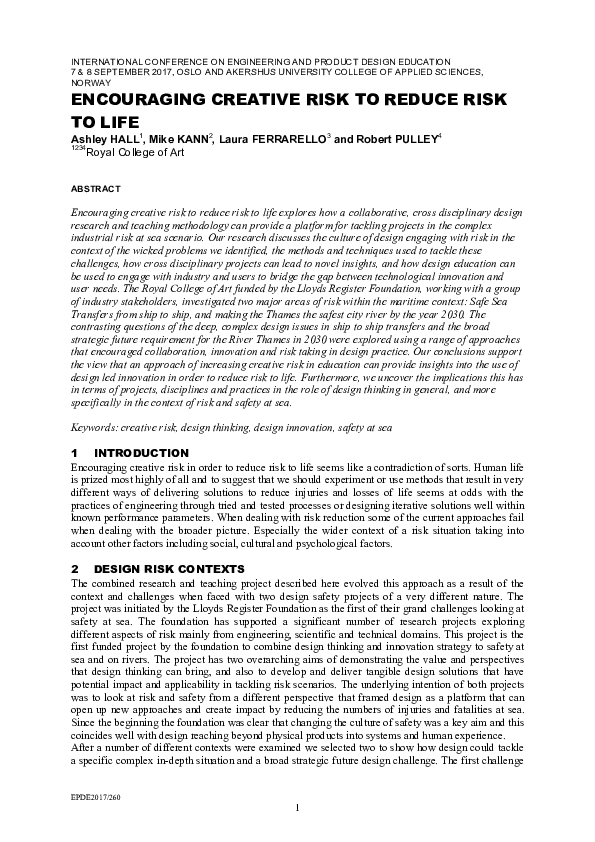 (PDF) Encouraging Creative Risk to Reduce Risk to Life
