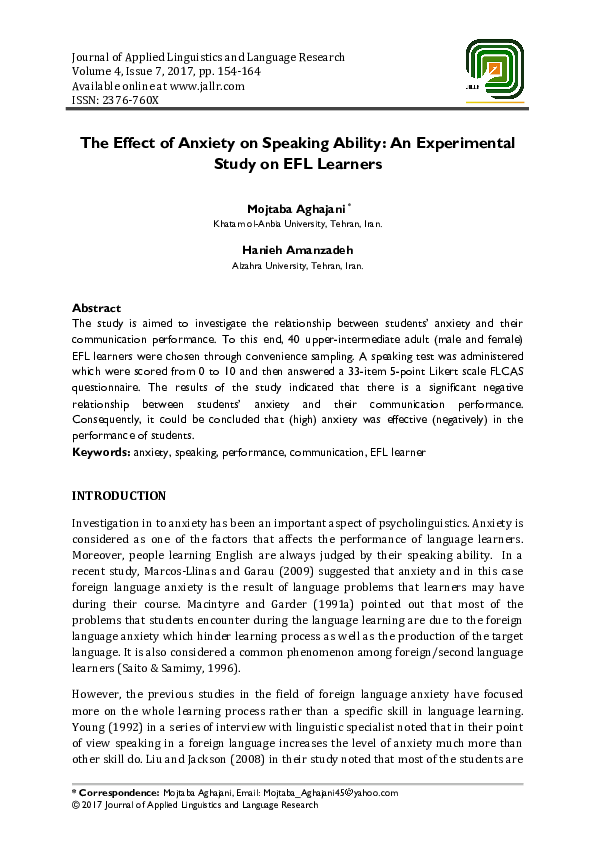 (PDF) The Effect of Anxiety on Speaking Ability: An Experimental Study ...