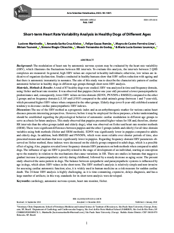 (PDF) Short-term Heart Rate Variability Analysis in Healthy Dogs of ...