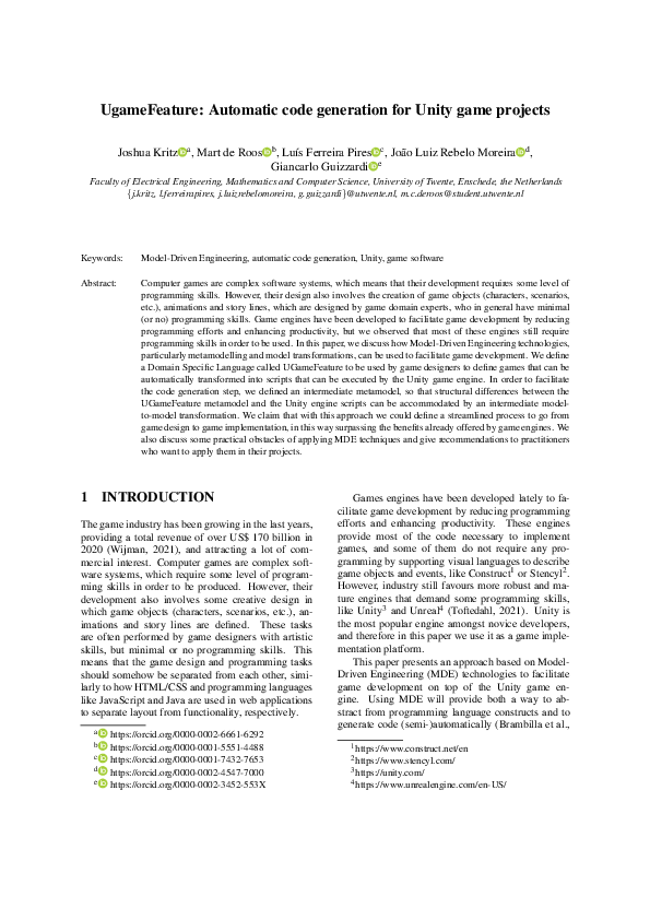 (PDF) UgameFeature: Automatic code generation for Unity game projects