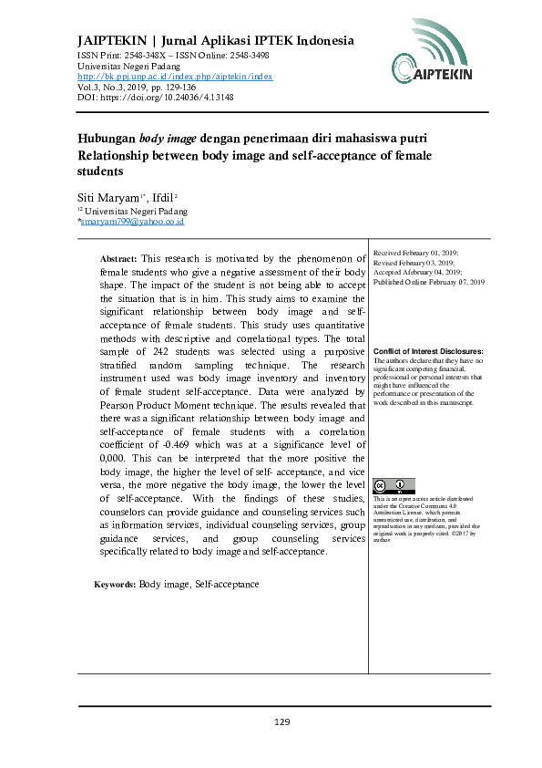 (PDF) Relationship between body image and self-acceptance of female ...