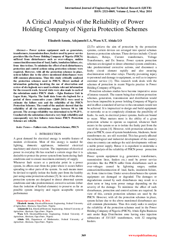 (PDF) A Critical Analysis of the Reliability of Power Holding Company ...