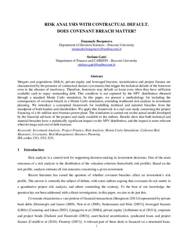 (PDF) Risk analysis with contractual default. Does covenant breach matter?