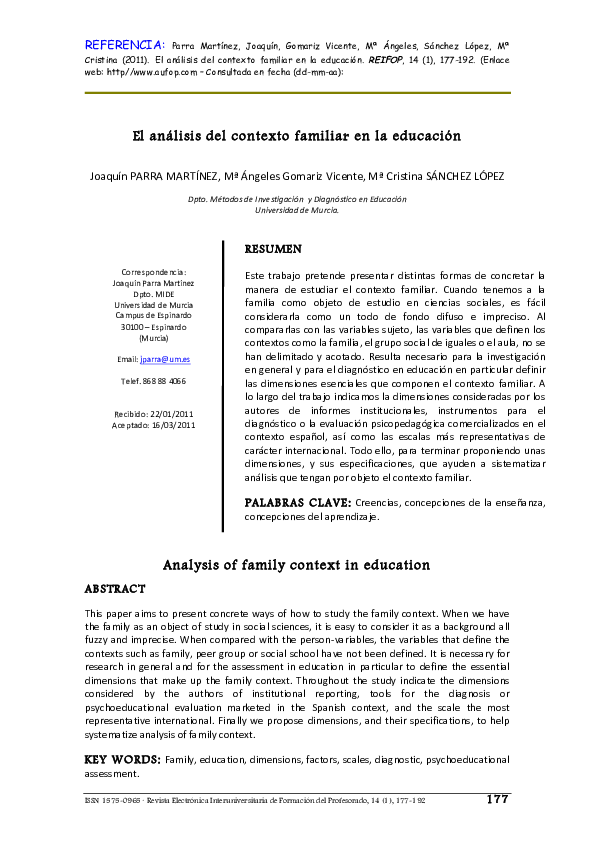 (PDF) El análisis del contexto familiar en la educación