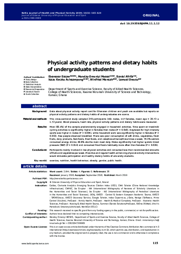 (PDF) Physical activity patterns and dietary habits of undergraduate ...