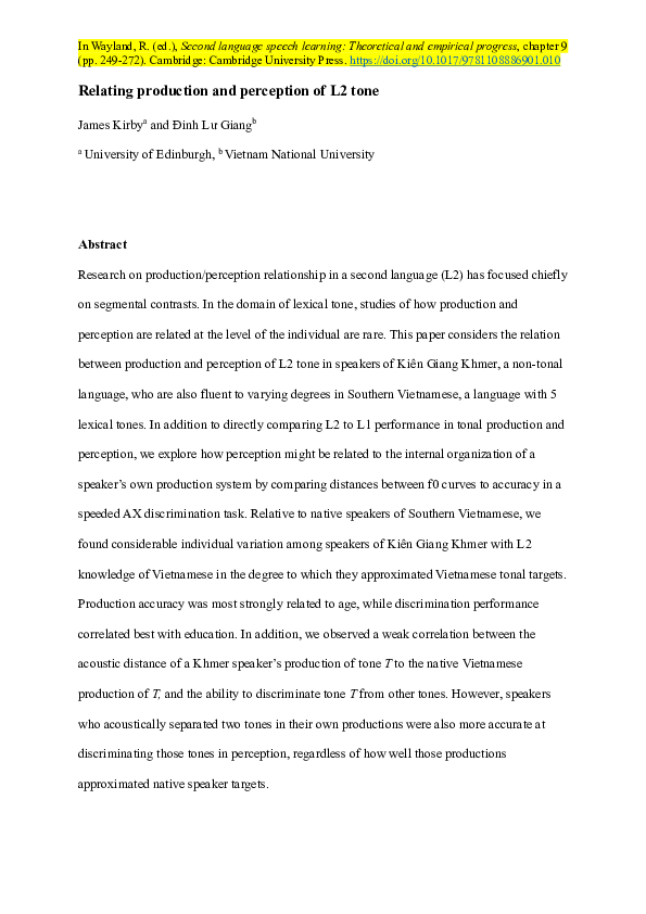 (PDF) Relating Production and Perception of L2 Tone