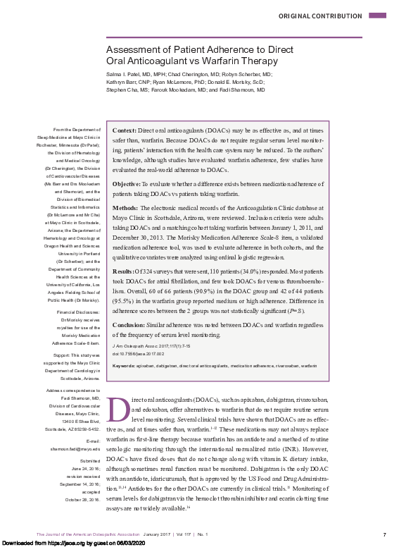 (PDF) Assessment of Patient Adherence to Direct Oral Anticoagulant vs ...