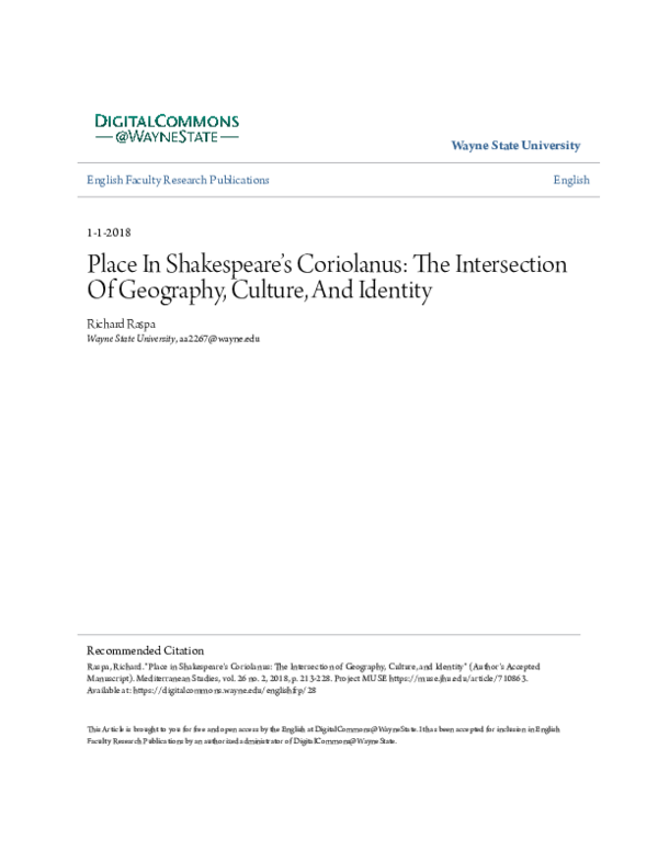 (PDF) Place in Shakespeare's Coriolanus : The Intersection of Geography ...