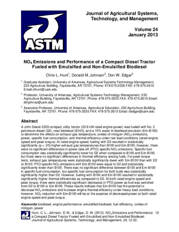(PDF) NOX Emissions and Performance of a Compact Diesel Tractor Fueled ...