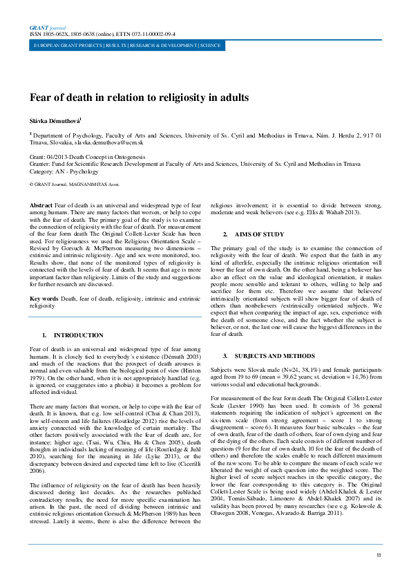 (PDF) Fear of death in relation to religiosity in adults