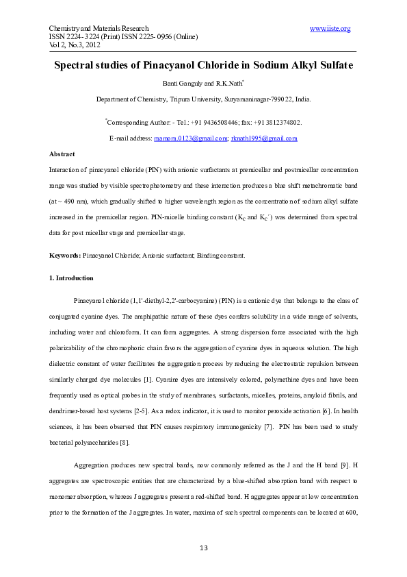 (PDF) Spectral studies of Pinacyanol Chloride in Sodium Alkyl Sulfate