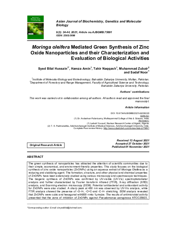 (PDF) Moringa oleifera Mediated Green Synthesis of Zinc Oxide ...