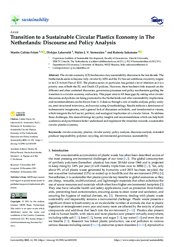 (PDF) Transition to a Sustainable Circular Plastics Economy in The ...