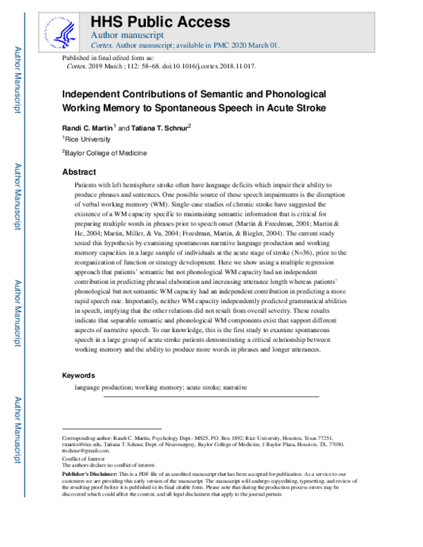 (PDF) Independent Contributions of Semantic and Phonological Working ...