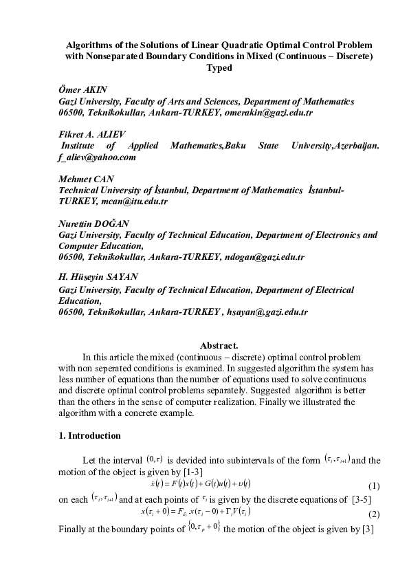(PDF) Algorithms of the Solutions of Linear Quadratic Optimal Control ...