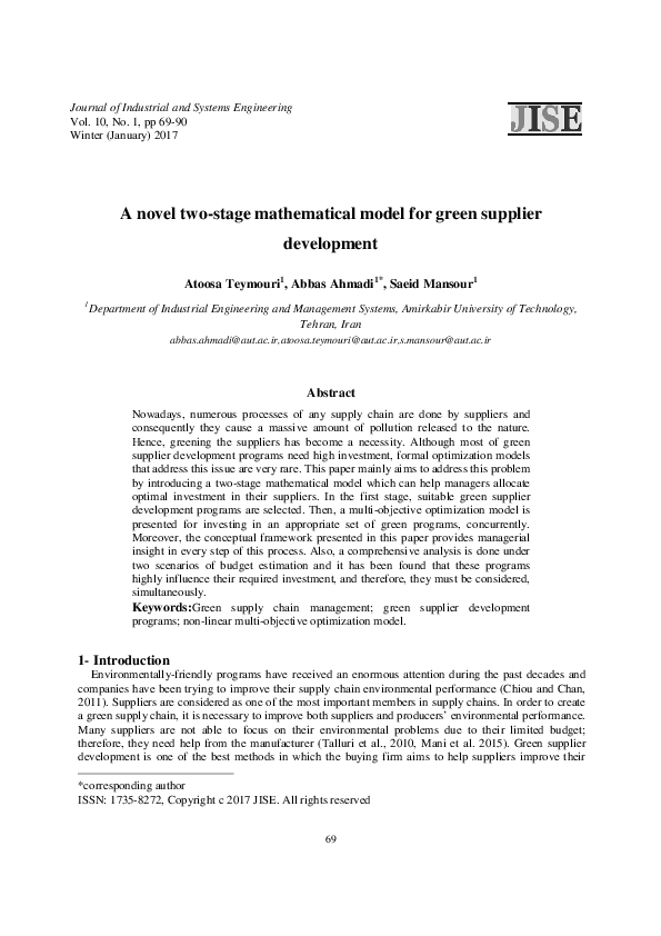 (PDF) A Novel Two-Stage Mathematical Model for Green Supplier Development