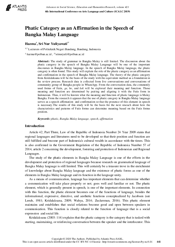 (PDF) Phatic Category as an Affirmation in the Speech of Bangka Malay ...