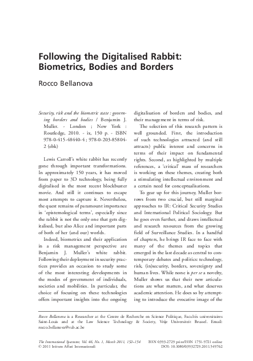 (PDF) Following the Digitalised Rabbit: Biometrics, Bodies and Borders