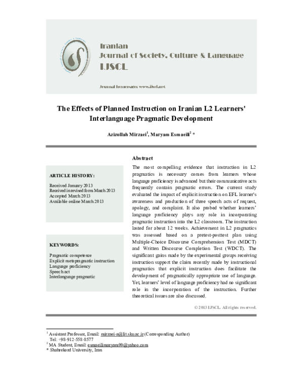 (PDF) The Effects of Planned Instruction on Iranian L2 Learners ...