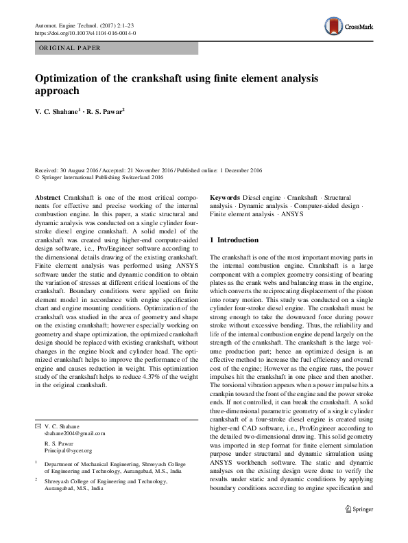 (PDF) Optimization of the crankshaft using finite element analysis approach