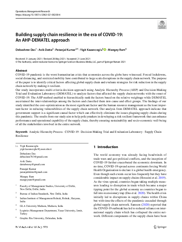 (PDF) Building supply chain resilience in the era of COVID-19: An AHP ...