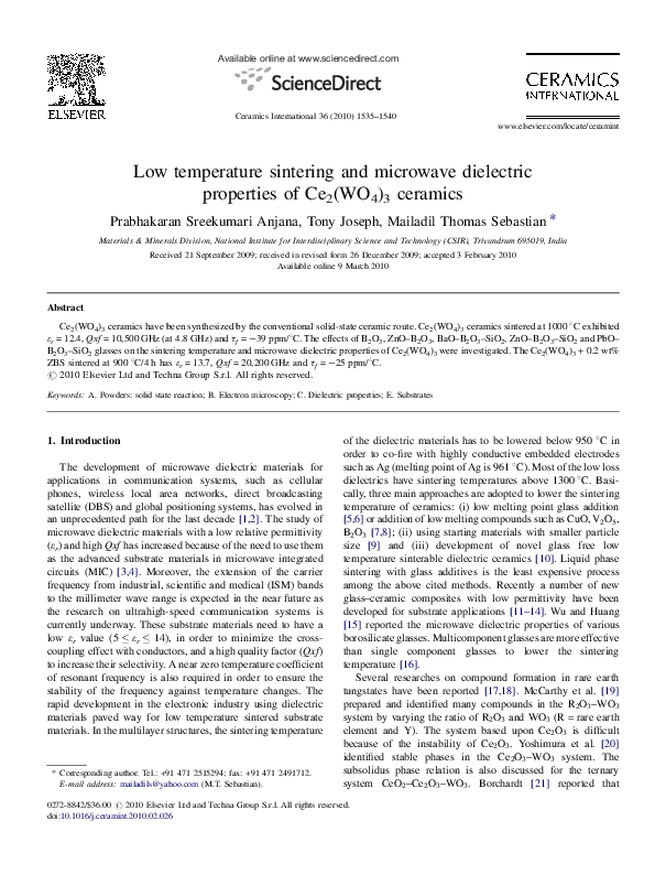 (PDF) LowTemperature Sintering and Microwave Dielectric Properties of