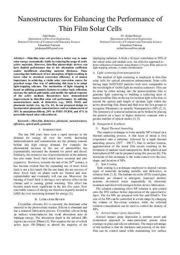 (PDF) Nanostructures for Enhancing the Performance of Thin Film Solar Cells