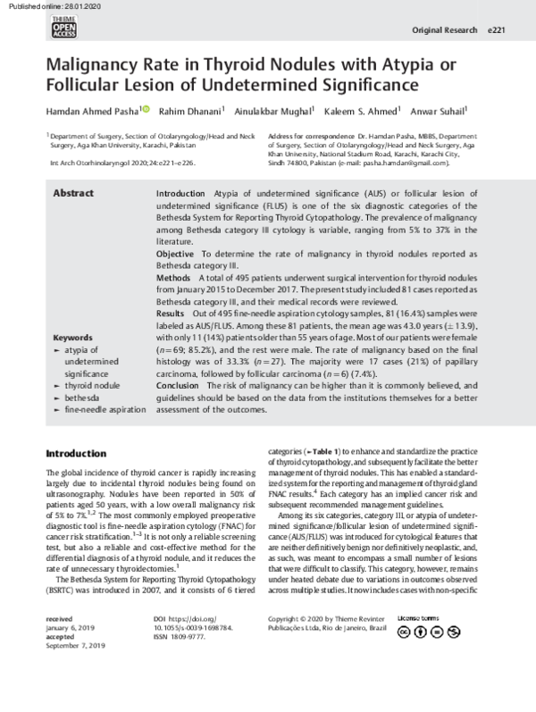 (PDF) Malignancy Rate in Thyroid Nodules with Atypia or Follicular ...
