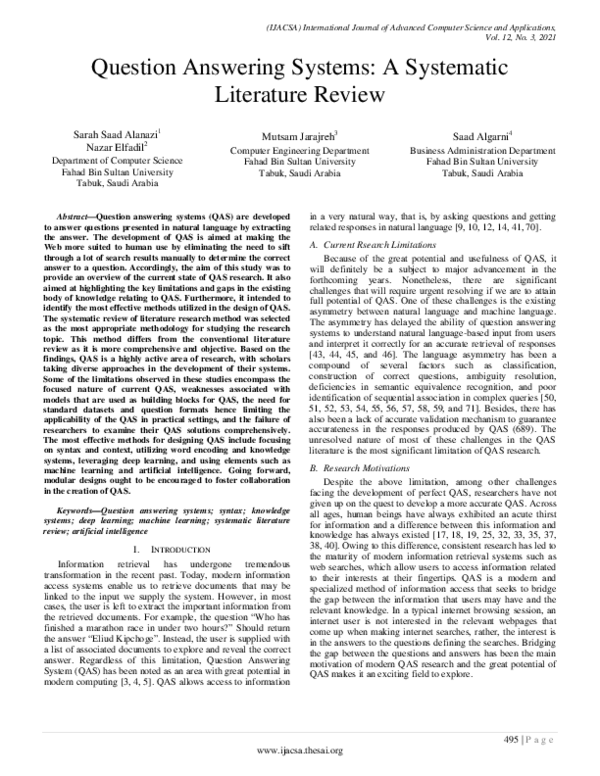 (PDF) Question Answering Systems: A Systematic Literature Review