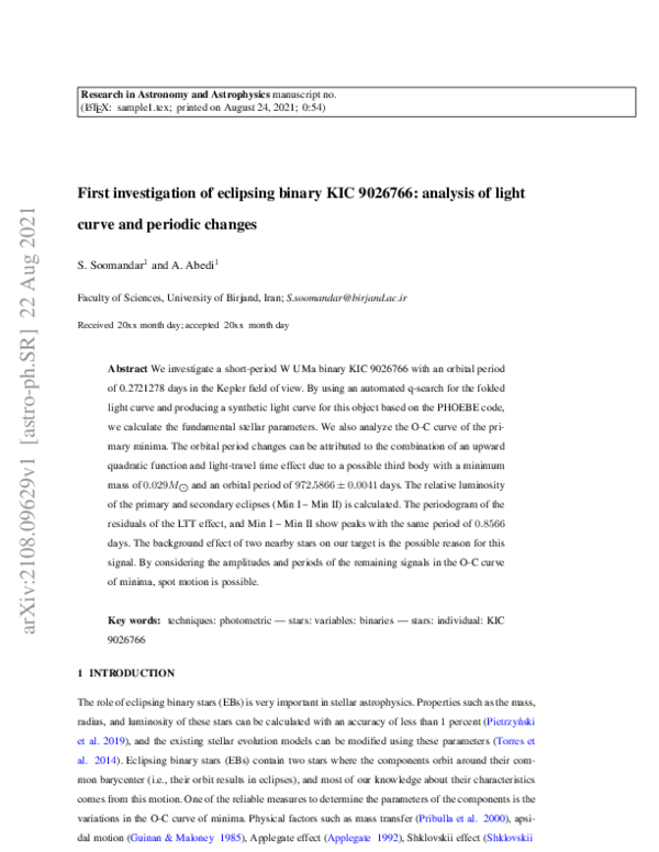 (PDF) First investigation of eclipsing binary KIC 9026766: analysis of ...
