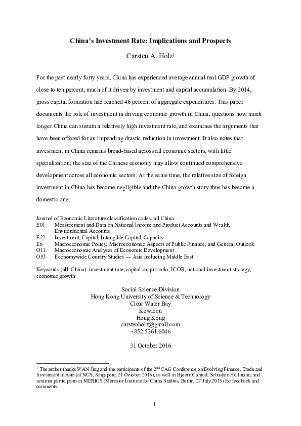 (PDF) China's Investment Rate: Implications and Prospects