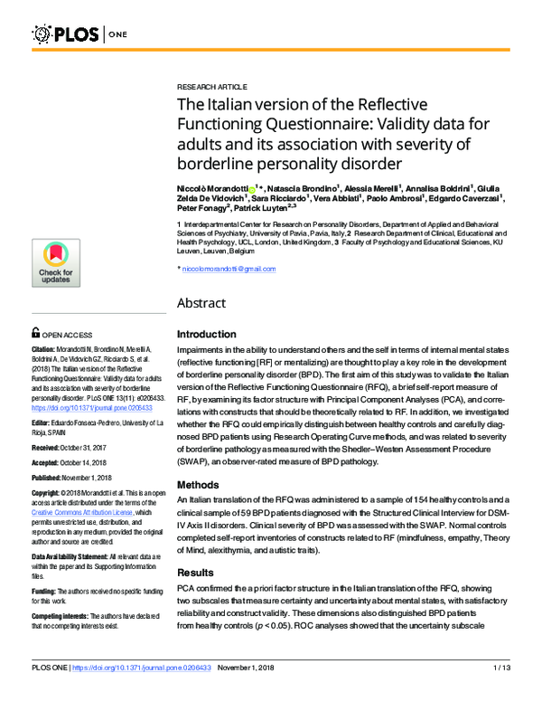 (PDF) The Italian version of the Reflective Functioning Questionnaire ...