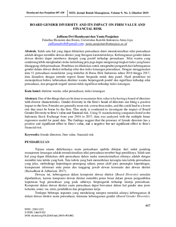 (PDF) Impact of board gender diversity on firm risk